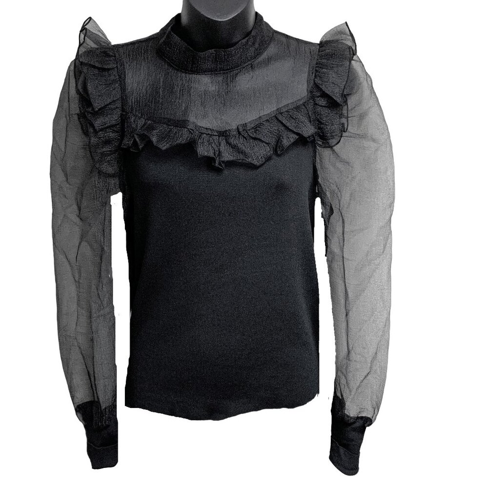 DO + BE Black Knit High Neck Organza Sleeve Ruffle Accent Blouse‎